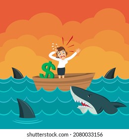 Cartoon businesswoman boat surrounded sharks, Businessman sharks concept, Illustration vector cartoon
