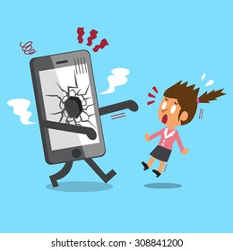 Cartoon businesswoman and broken screen smartphone