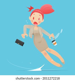 Cartoon businesswoman in brown suit slipping because the floor is wet. Vector illustration and cartoon character design.