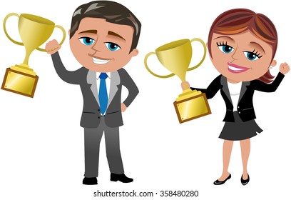 Cartoon businesswoman and businessman exulting for achieving good results holding trophy isolated