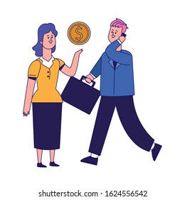cartoon businesswoman and businessman using a cellphone over white background, vector illustration