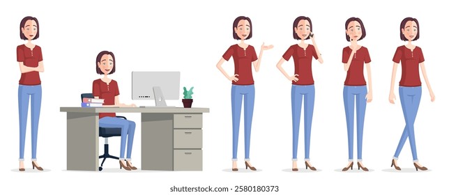 Cartoon Businesswoman Character in different poses, Sitting on Office Chair, Arms Folded, Thinking, Showing, Walking