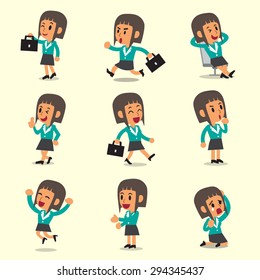 Cartoon a businesswoman character poses on yellow background
