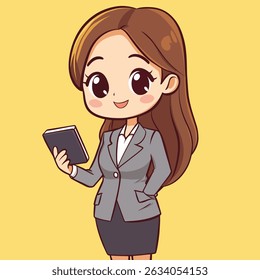 A cartoon businesswoman, characterized by large, expressive eyes and a cheerful smile, holds a closed notebook.