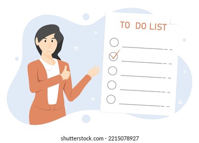 Cartoon businesswoman with checkbox to do list, Vector illustration.