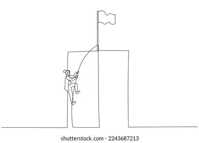 Cartoon of businesswoman climbing a cliff on a rope concept of career growth. Single continuous line art style