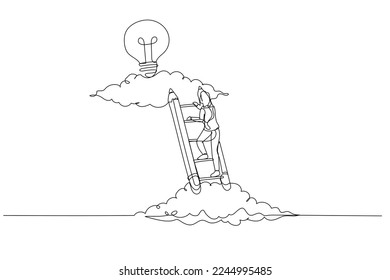 Cartoon of businesswoman climbing ladder to upper cloud to find bright idea concept of creative inspiration. One line art style