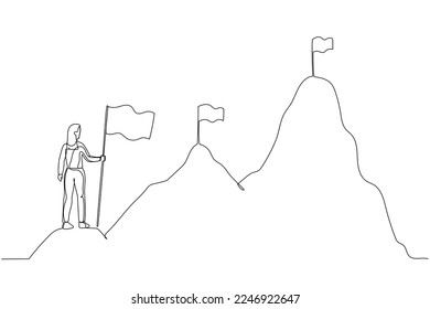 Cartoon of businesswoman climbing up mountains concept of business development. One line art style