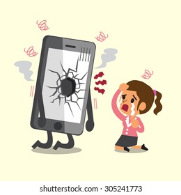 Cartoon businesswoman cry with broken screen smartphone