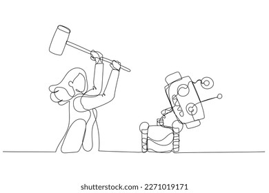 Cartoon of businesswoman destroying robot with hammer. Concept of human resource vs AI artificial Intelligence. Single line art style