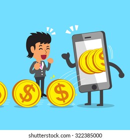Cartoon businesswoman earning money with smartphone