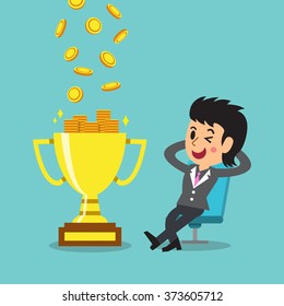 Cartoon a businesswoman earning money with trophy