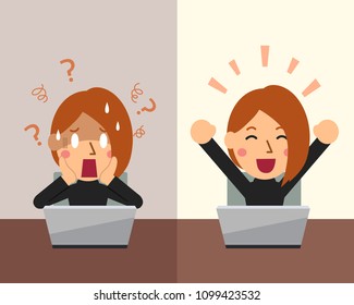 Cartoon businesswoman expressing different emotions for design.