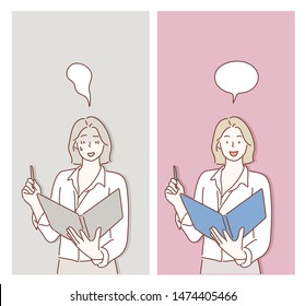 Cartoon businesswoman expressing different emotions. Hand drawn style vector design illustrations.