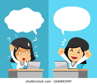 Cartoon businesswoman expressing different emotions for design.