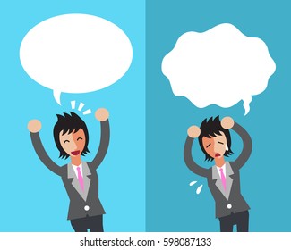 Cartoon a businesswoman expressing different emotions with speech bubbles