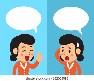 Cartoon a businesswoman expressing different emotions with speech bubbles