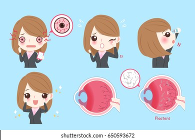 cartoon businesswoman with eye problem on green background