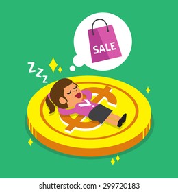Cartoon businesswoman falling asleep on a big coin and dream about shopping