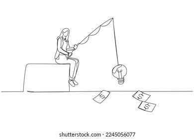 Cartoon of businesswoman fishing dollar money concept of innovation and strategy. Single continuous line art