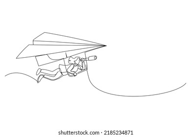 Cartoon of businesswoman flying paper airplane origami as glider with telescope to see future. Future forecast or discover new idea and inspiration concept. Single continuous line art style