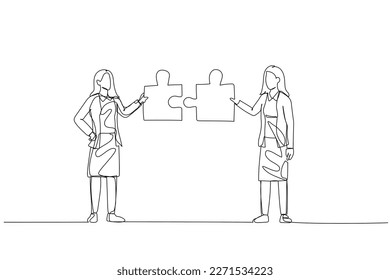 Cartoon of businesswoman with friend connecting the puzzle. Concept of networking. Single line art style