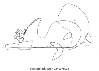 Cartoon of businesswoman get big fish whale concept of catching big profit. Single line art style