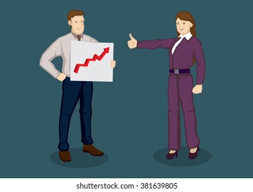 Cartoon businesswoman giving a thumbs up gesture to businessman holding a chart with up arrow. Vector illustration for compliments for good work concept isolated on plain background.