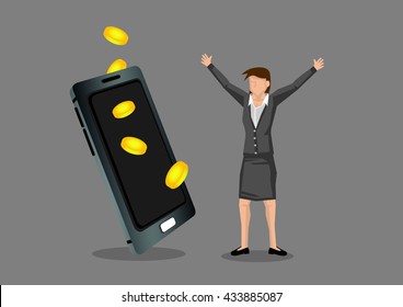 Cartoon businesswoman in happy gesture beside a huge hand phone with gold coins. Creative vector illustration using mobile phone to make money concept.