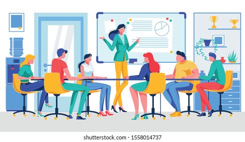 Cartoon Businesswoman Hold Meeting Vector Illustration. People Workers Sitting at Table in Office Room. Teamwork, Brainstorming, Cooperation. Statistics Discussion, Report Analysis