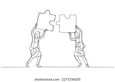 Cartoon of businesswoman hold puzzle in the head try to connect puzzle. Concept of partnership. Single line art style