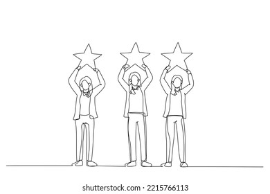 Cartoon of businesswoman holding the big stars over the head. Single continuous line art
