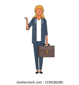 cartoon businesswoman holding a briefcase icon over white background, vector illustration