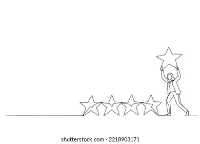 Cartoon of businesswoman holding golden yellow star to added to 5 stars rating. Continuous line art style
