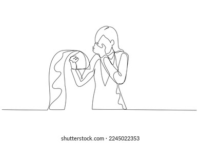 Cartoon of businesswoman holding long list of bills stressed because of debt. Single line art style