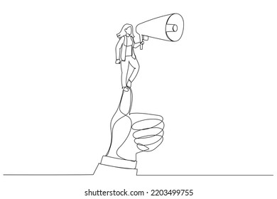 Cartoon of businesswoman holding a megaphone standing on a huge thumb, metaphor for leader speech. One line style art
