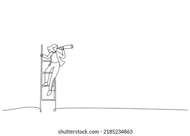 Cartoon of businesswoman holding a telescope on the stairs looking of success and new business goals. Continuous line art