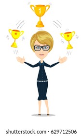 Cartoon businesswoman holding trophy. Stock vector illustration for poster, greeting card, website, ad, business presentation, advertisement design.