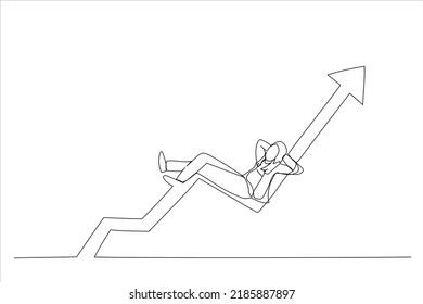 Cartoon of businesswoman investor relax and sleep on growing graph. Success investment earn more profit or easy growing return. Single continuous line art style
