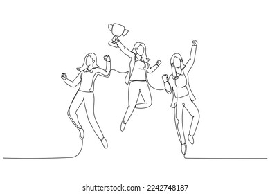 Cartoon of businesswoman jumps in the air with trophy cup in the hand getting recognition. Single line art style