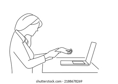 Cartoon Of Businesswoman With A Laptop Suffering From Carpal Tunnel Syndrome. Outline Drawing Style Art
