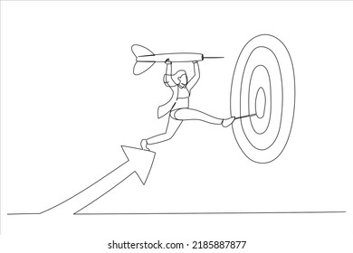 Cartoon Of Businesswoman Leader Holding Dart Running From Rising Graph Arrow And Jump To Bullseye Target. Business Target Achievement. Single Continuous Line Art Style
