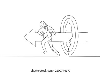 Cartoon Of Businesswoman Like Superhero Running And Breaking Target Archery. Metaphor Of Success Goal And Success. One Line Style Art
