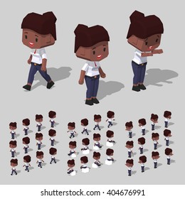 Cartoon businesswoman minifigure. 3D lowpoly isometric vector illustration. The set of objects isolated against the white background and shown from different sides