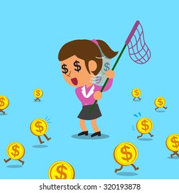 Cartoon businesswoman and money coins