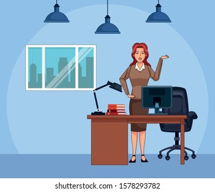 cartoon businesswoman at office scenery background, colorful design , vector illustration