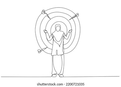 Cartoon of businesswoman on archery targets. Single continuous line art
