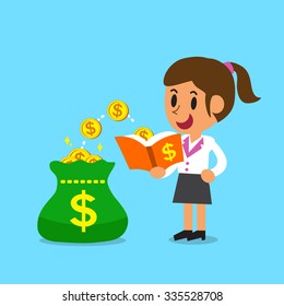 Cartoon businesswoman open a book that has money coins
