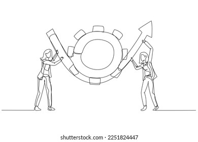 Cartoon of businesswoman partner help rotate gear cogwheel to make arrow rising up concept of business transformation. Single line art style