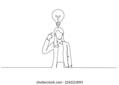 Cartoon of businesswoman pointing to head with one finger found and remember idea. Continuous line art style